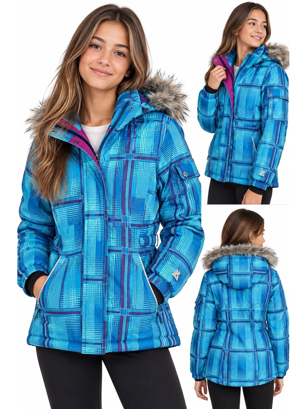 ZeroXposur Women's Blue Plaid Winter Jacket with Faux Fur Hood